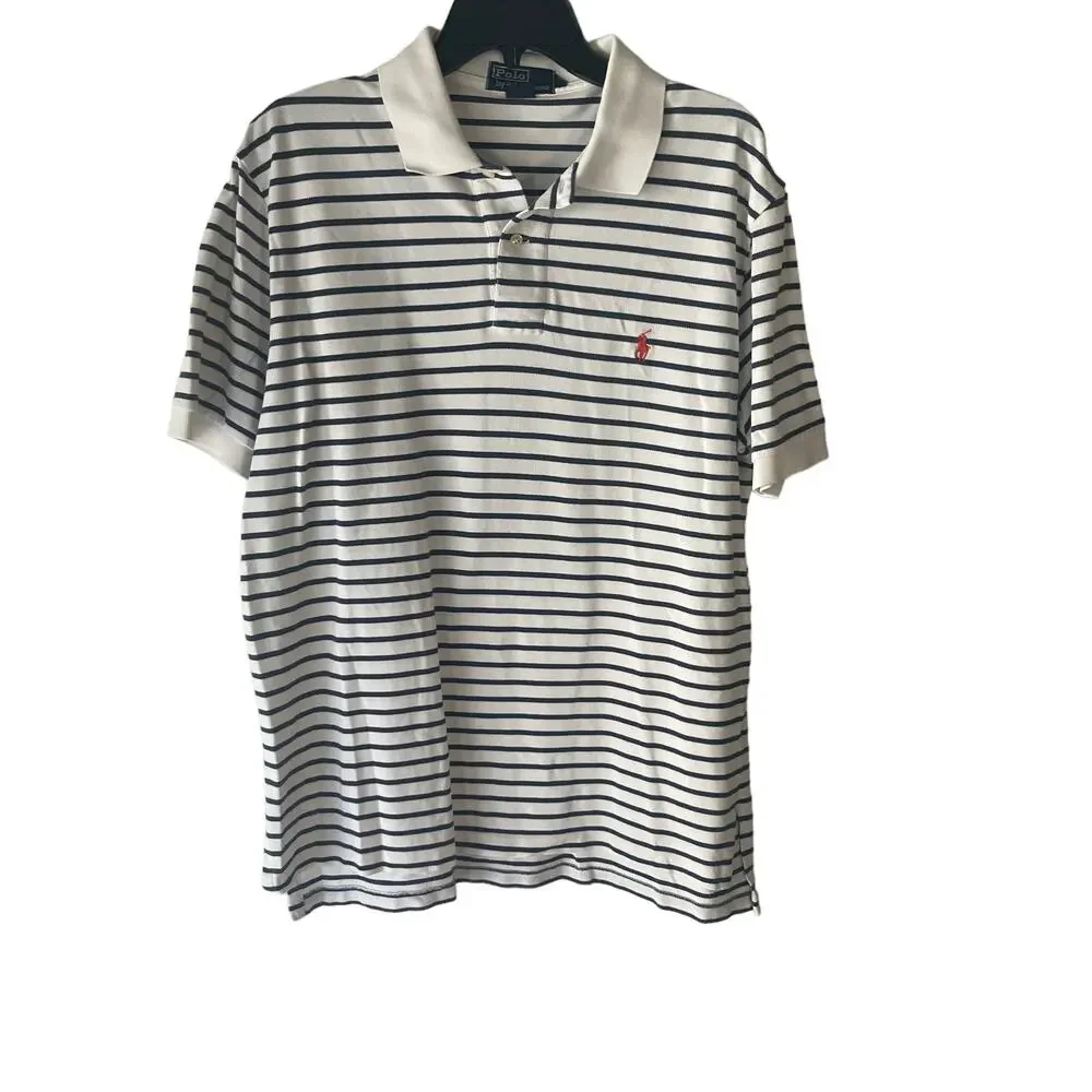 Polo By Ralph Lauren Men's Size Large White Blue Striped Short Sleeve Polo‎
